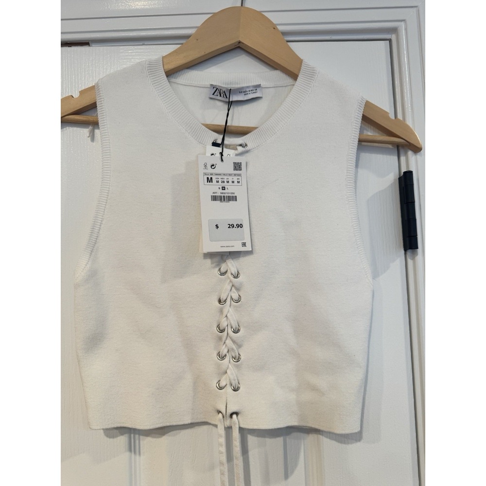 Zara White Tight Knit Cropped Fitted Sleeveless Top Laced Center Festival NWT